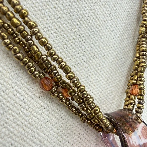 Dichroic Glass Teardrop Pendant Necklace Multi Strand Bronze Seed Beads - Picture 5 of 10